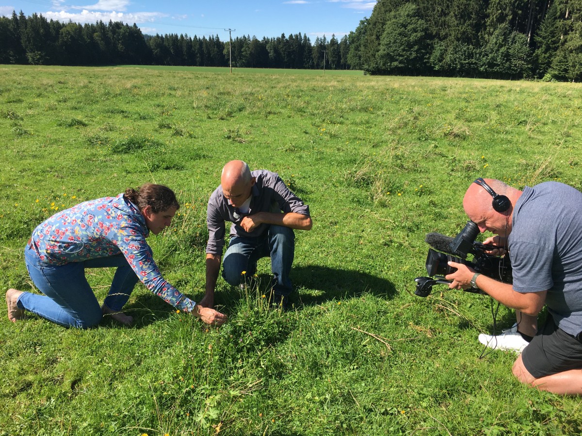 Marina Stürzer, Olaf Fries und Filmemacher Karsten Scheuren bei den Aufnahmen kniend auf einer grünen Wiese