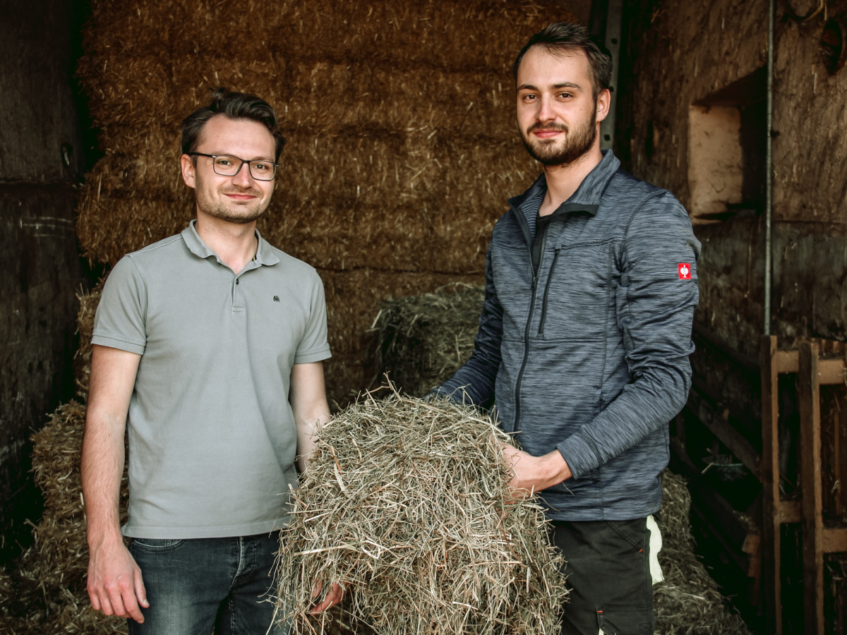 Zwei Männer halten gemeinsam Heu in der Hand